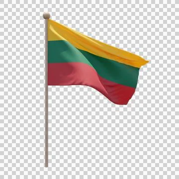 Lithuania 3d illustration flag on pole. Wood flagpole Stock Illustration
