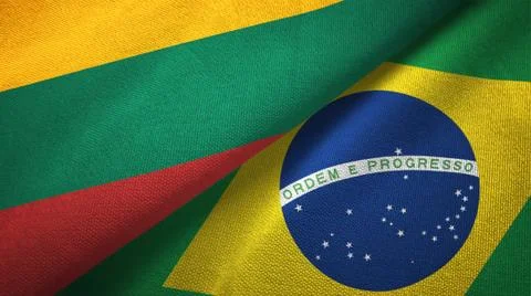 Lithuania and Brazil two flags textile cloth, fabric texture Stock Illustration