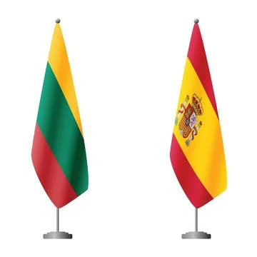 Lithuania and Spain flags on flagpoles for official ceremonies and meetings Stock Illustration