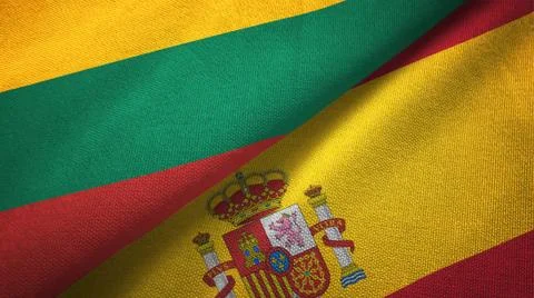 Lithuania and Spain two flags textile cloth, fabric texture Stock Illustration