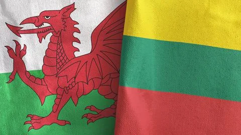 Lithuania and Wales two flags textile cloth 3D rendering Stock Illustration