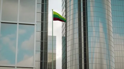 Lithuania Flag 3D Render Animation on Pole with City Buildings Stock Footage 332308581