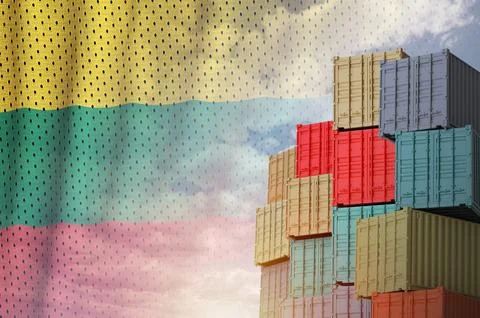 Lithuania flag and big stack of shipping cargo containers in docks with sky Stock Photos