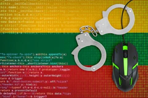 Lithuania flag  and handcuffed computer mouse. Combating computer crime, hack Stock Photos