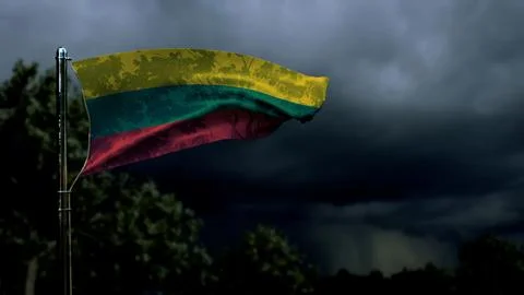Lithuania flag for anthem day on dark storm clouds - abstract 3D illustration Stock Illustration