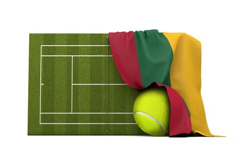 Lithuania flag draped over a grass tennis court and ball. 3D Rendering 스톡 일러스트