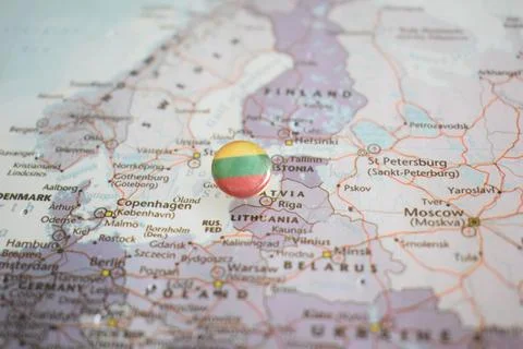 Lithuania flag drawing pin on the map Stock-Fotos