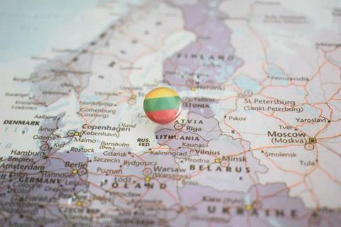 Lithuania flag drawing pin on the map Stock-Fotos