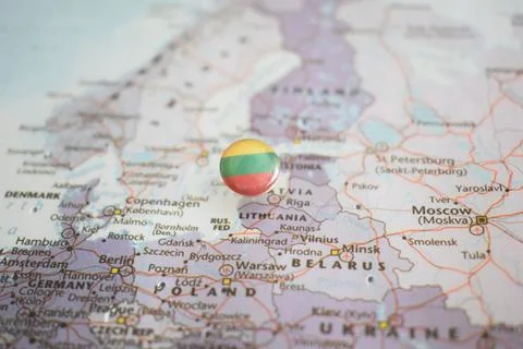 Lithuania flag drawing pin on the map Stock Photos
