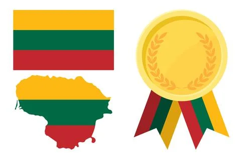 Lithuania flag with map and gold medal in set for web and banners or app an.. Stock Illustration
