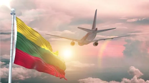 Lithuania flag Waving Realistic With Sky Plane Takes Off At Sunrise Stock Footage 295288843