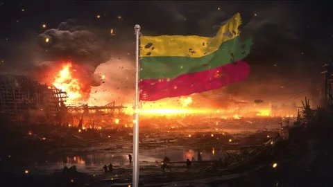 Lithuania flag waving in war is torn Stock Footage 346009679