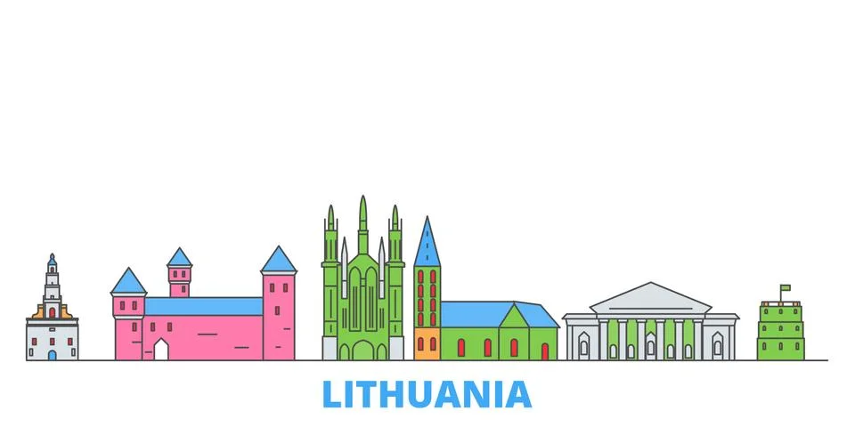 Lithuania line cityscape, flat vector. Travel city landmark, oultine Stock Illustration