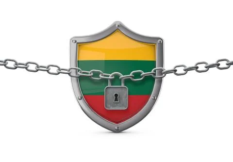 Lithuania lockdown concept. Shield with lock and chain. 3D Render 스톡 일러스트