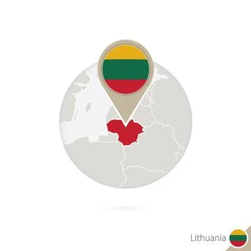 Lithuania map and flag in circle. Map of Lithuania, Lithuania flag pin. Map.. Stock Illustration
