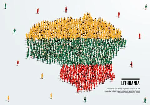 Lithuania Map and Flag. A large group of people in the Lithuania flag color. Stock Illustration