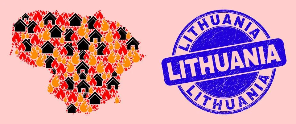 Lithuania Map Composition of Flame and Buildings and Distress Lithuania Seal Ilustración de archivo