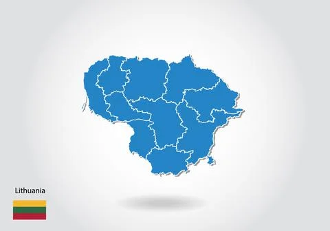 Lithuania map design with 3D style. Blue Lithuania map and National flag. Sim Stock Illustration