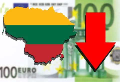 Lithuania map on Euro money background and red arrow down Stock Illustration