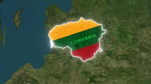 Lithuania Map Highlight with Glowing White Border and Waving Flag Stock Footage 341560869