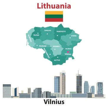 Lithuania regions map and flag. Vilnius city skyline. Vector illustration Stock Illustration