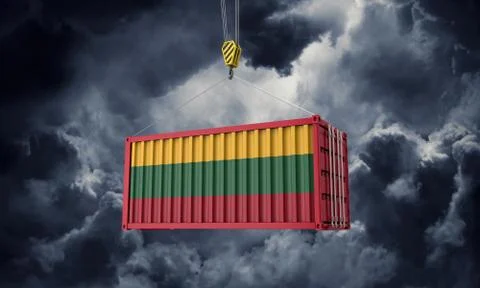 Lithuania trade cargo container hanging against dark clouds. 3D Render Illustrazione stock
