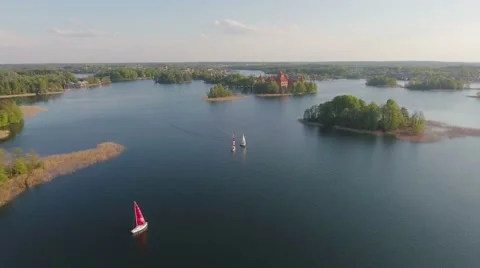 Lithuania, Trakai castle and lake aerial view on sunset. Video stock 63073449