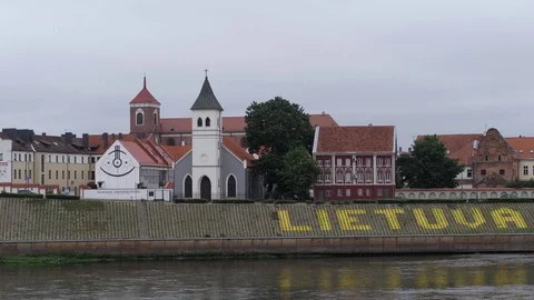 Lithuania. Vilnius city. River flows. On the other side is the beautiful Video stock 114890562