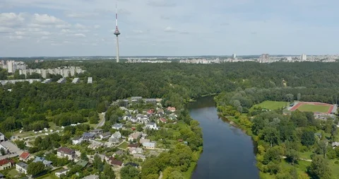 Lithuania Vilnius Neris-River-TV-Tower-DollyForward 422 59.94 Stock Footage 128446740