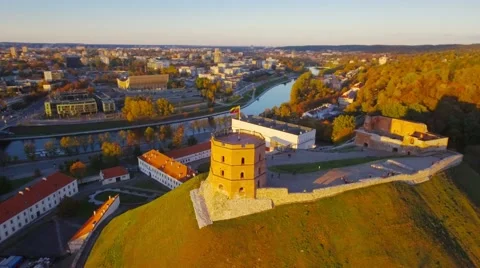 Lithuania, Vilnius, old town and castle hill aerial view. Stock Footage 68644532