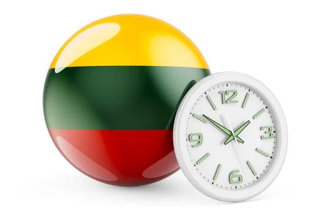 Lithuanian flag with clock. Time in Lithuania, 3D rendering Stock Illustration