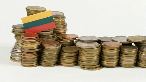 Lithuanian flag waving with stack of money coins Stock Footage 71978439