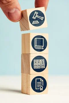 Litigation office work concept on abstract cubes with icons Stock Photos