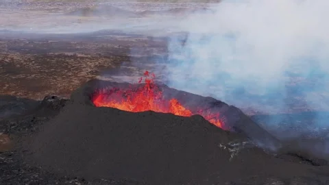 Litli Hrutur volcano crater with exploding magma in Iceland, day time, Stock Footage 247544515