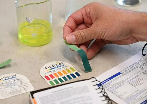 Litmus paper shows a strong basic pH result after testing a solution at th... Stock Photos