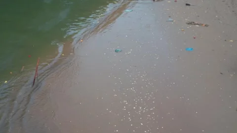 Litter and Debris Along Sandy Shoreline as Small Waves Wash Over Polluted Beach 動画素材 341374928