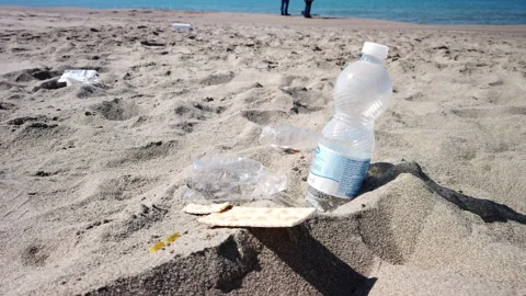 Litter, plastic, garbage, environmental pollution on the beach. Trash, plast Video stock 186867761