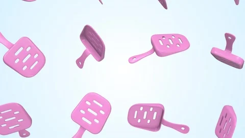 Litter Scoops Falling on a Light Blue Background. Plastic Litter Scoops 3D. 4K Stock Footage 307304370