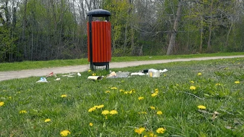 Littered garbage scattered around an overflowing trash can in a park Stock Footage 337409519