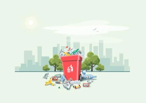 Littering Garbage around the Trash Bin on the Street Stock Illustration