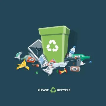 Littering Garbage around the Trash Bin Isolated on Dark Background Stock Illustration