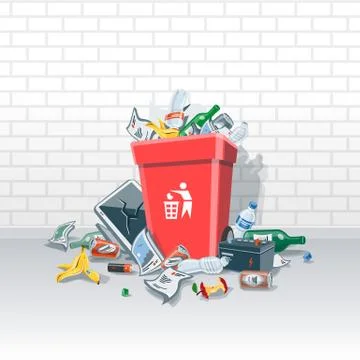 Littering Garbage around the Trash Bin on the Street in front of Wall Stock Illustration
