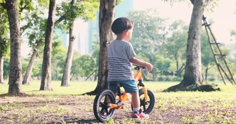 Little 2 year boy try to ride balance bike in city park sport activity Stock Footage 138785171
