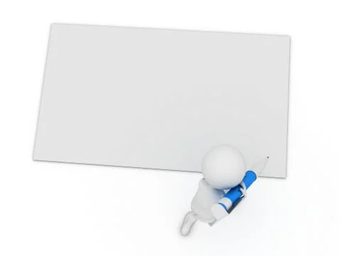 Little 3d character write a card with big pen isolated on white Stock Illustration
