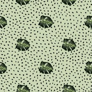 Little abstract monstera leaves elements seamless pattern. Hand drawn floral  イラスト素材