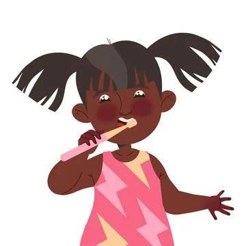 Little African American Girl Brushing Teeth Engaged in Hygiene Procedure Vector Stock Illustration