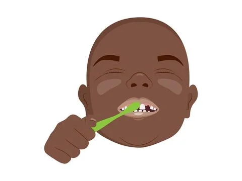 Little african boy brushing teeth, kids oral hygiene. Vector illustration. Stock Illustration