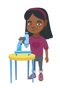 Little african schoolgirl using a microscope. 스톡 일러스트