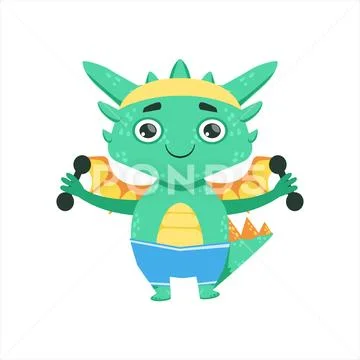 Little Anime Style Baby Dragon Exercising With Dumbbells Cartoon Character Emoji Stock Illustration