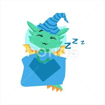 Little Anime Style Baby Dragon Sleeping In Bed With Night Hat Cartoon Character Stock Illustration